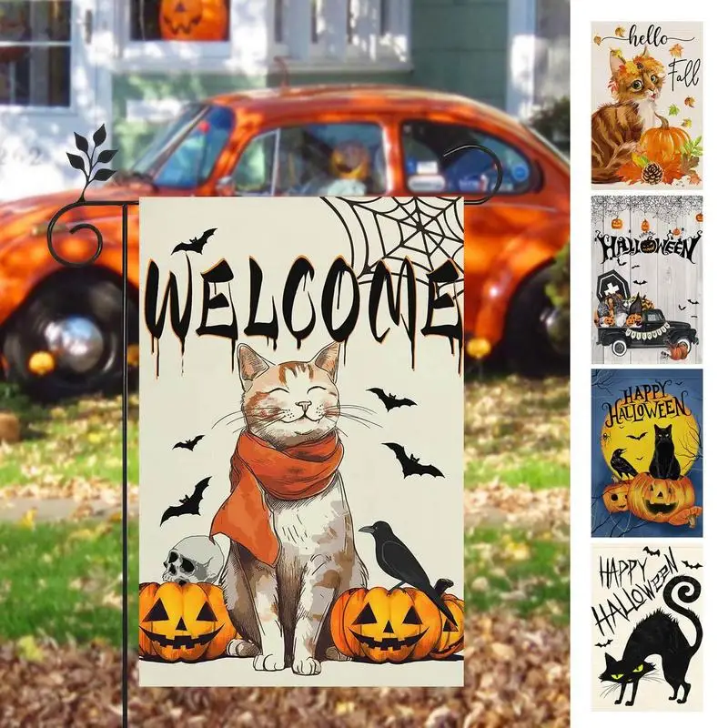 Halloween Garden Flag Double Sided Vertical Holiday Welcome Autumn Pumpkin Fallen Leaves Garden Flag Lawn Festive Decoration