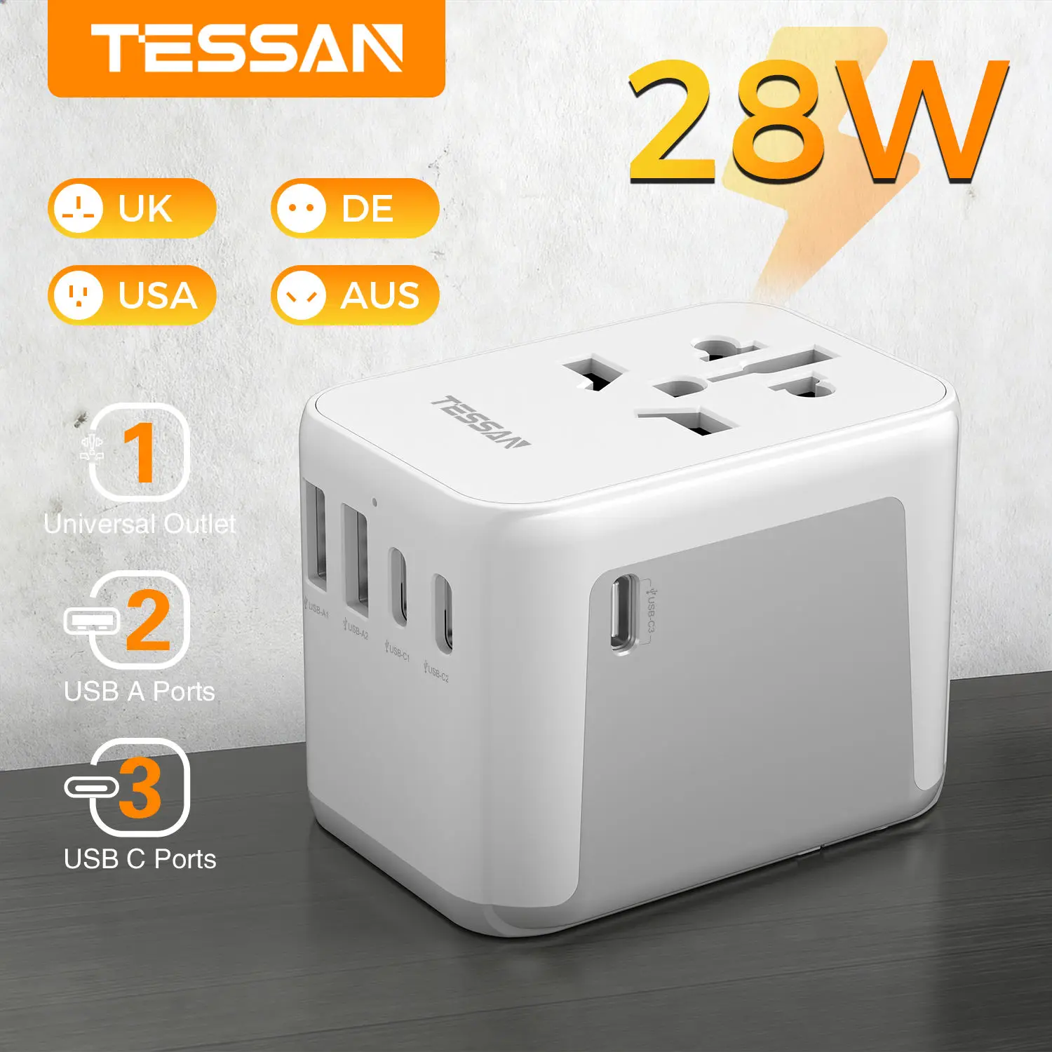 TESSAN Universal Travel Adapter with USB Type C Ports Worldwide Travel Fast Charger EU/UK/USA/AUS Plug for International Travel