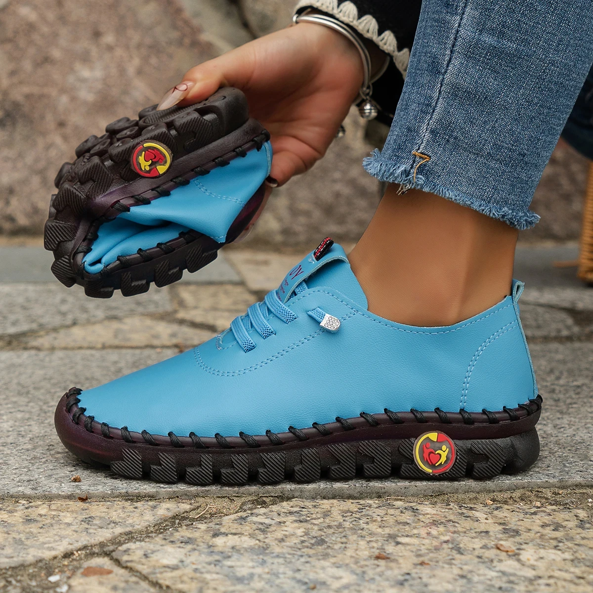 أحذية نسائية عادية الربيع والخريف حذا فردي للسيدات موضة بولي PU الخياطة اليدوية أمي أحذية مريحة ناعمة سوليد lopfersыы vrouw #5