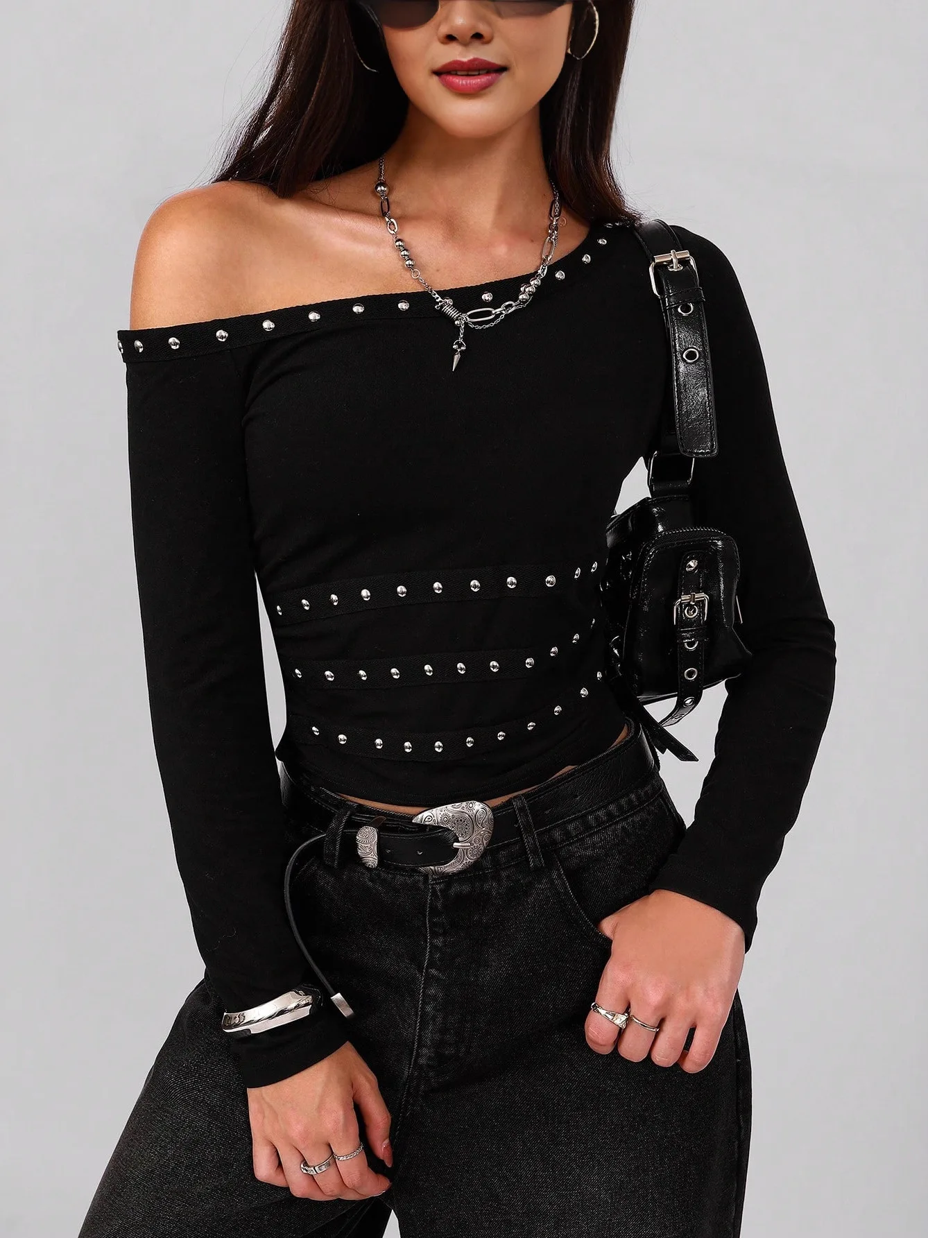 Women's Slanted Shoulder Long Sleeve Shirt Fashionable European Style Slim Fit Polyester T-Shirt with Rhinestone Detail Summe...