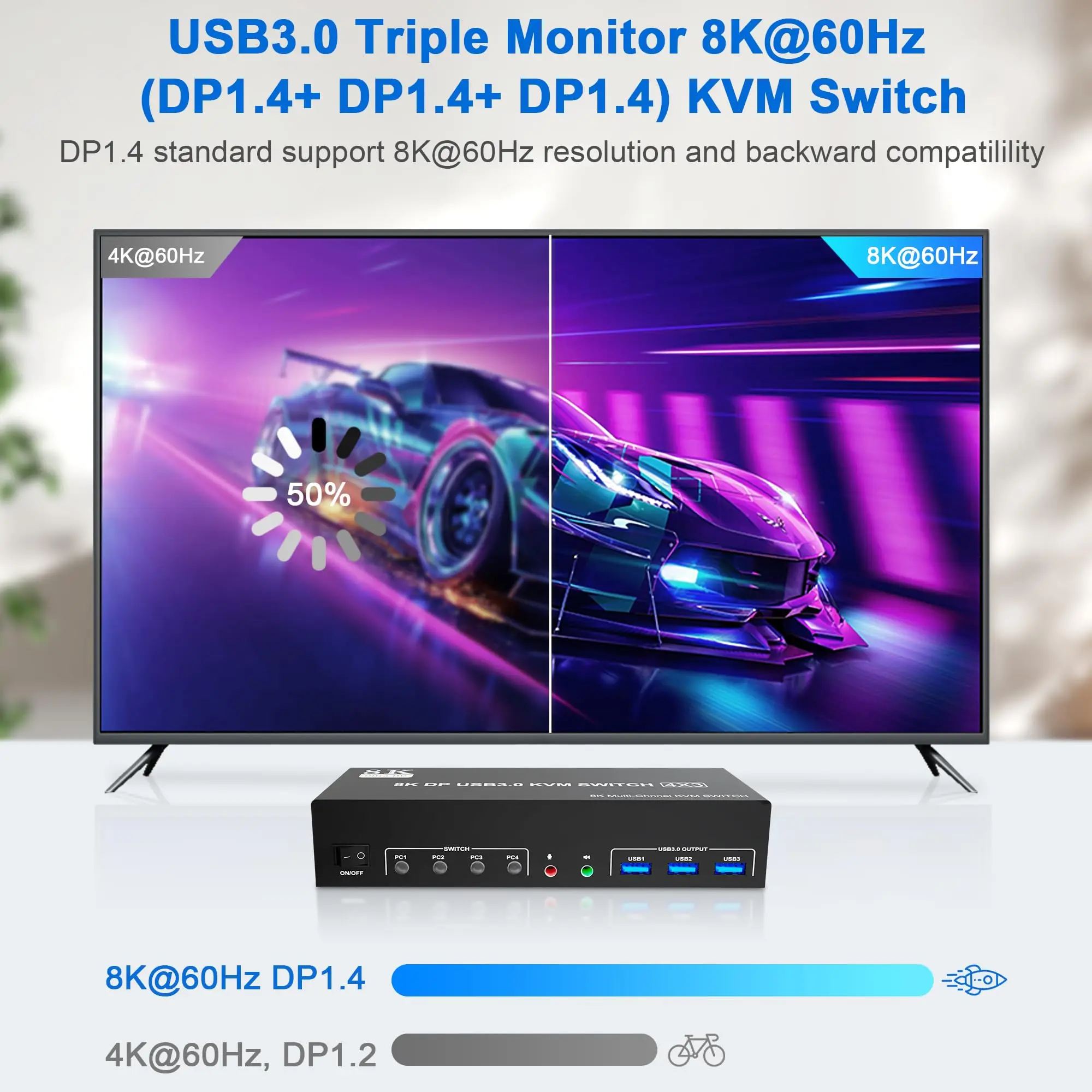 Switch KVM Displayport 8K @ 60Hz USB3.0 3 Monitor 4 Computer, DP1.4 interruttore KVM a triplo Monitor con uscita microfono Audio per 4 PC