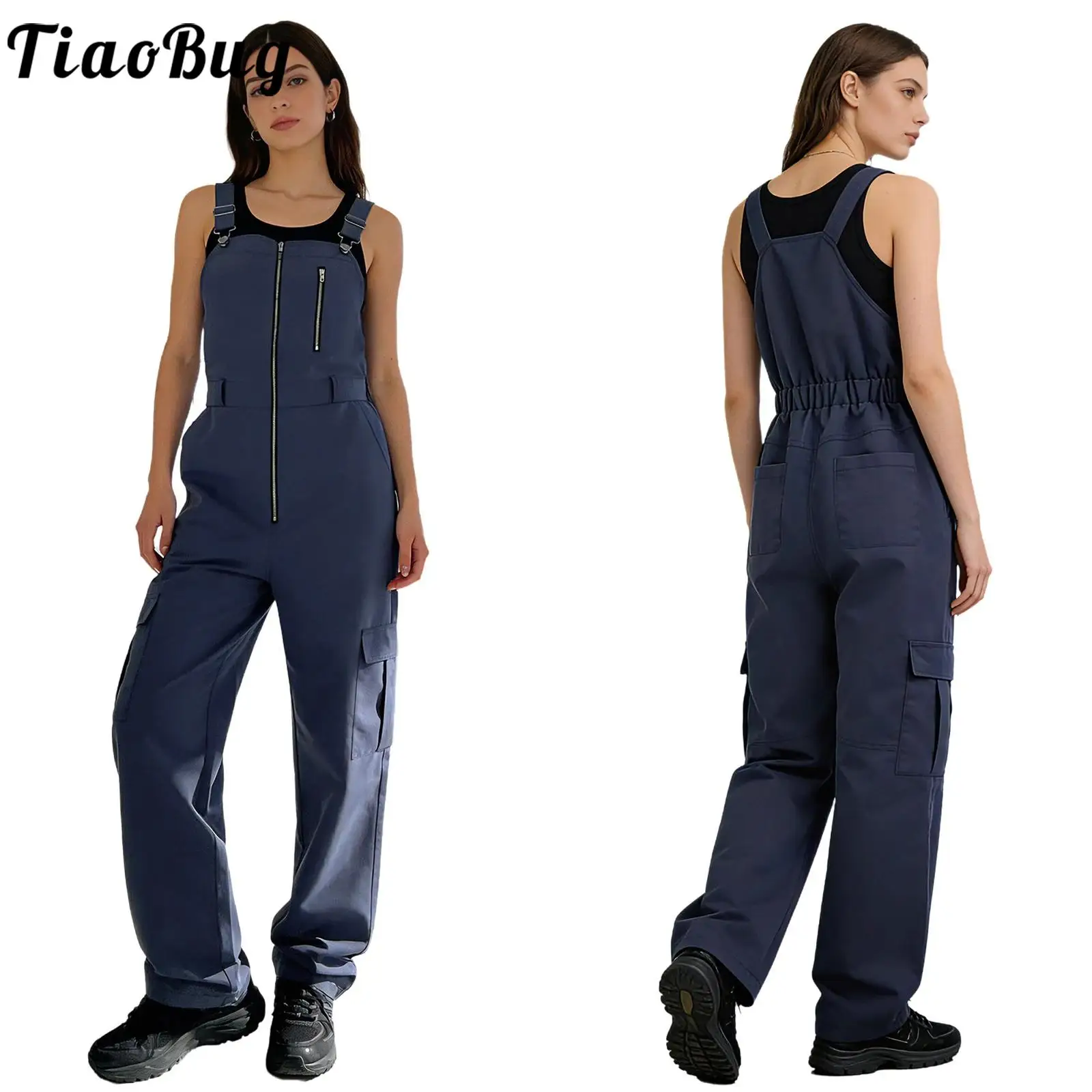 

Women Fashion Versatile Bib Cargo Overalls Adjustable Strap Multi-pocket Wide Leg Pants Jumpsuit for Daily Casual Vacation