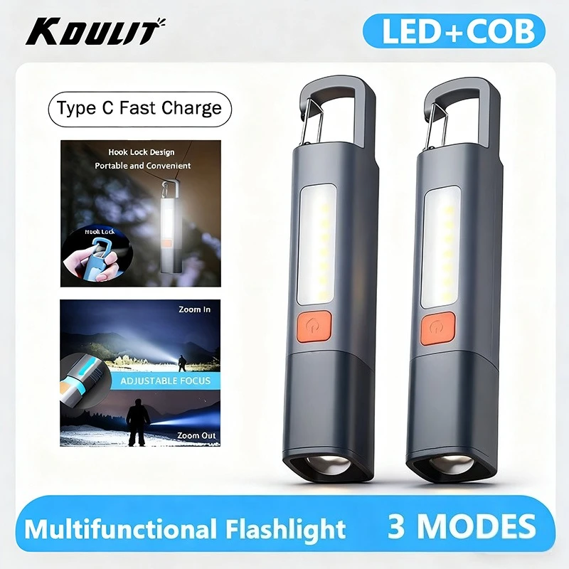 Strong Lighting ABS Flashlamp USB Charging Portable Outdoor EDC Torch Camping Hanging Flashlights Telescopic Focus COB Side Lamp