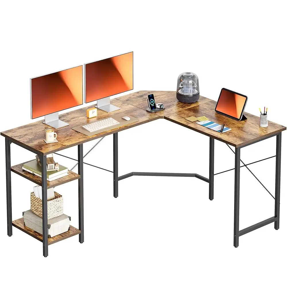 

L Shape Computer Desk With Storage Shelf Study Writing Table For Home Office, Modern Simple Style Pc Desk, Rustic Brown