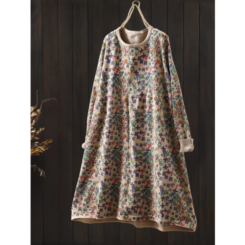 

High-End plus Size Floral Knit Dr Vintage Long Sve round Ne A-Line Dr for Women Commute Artistic Printed Knitted D...