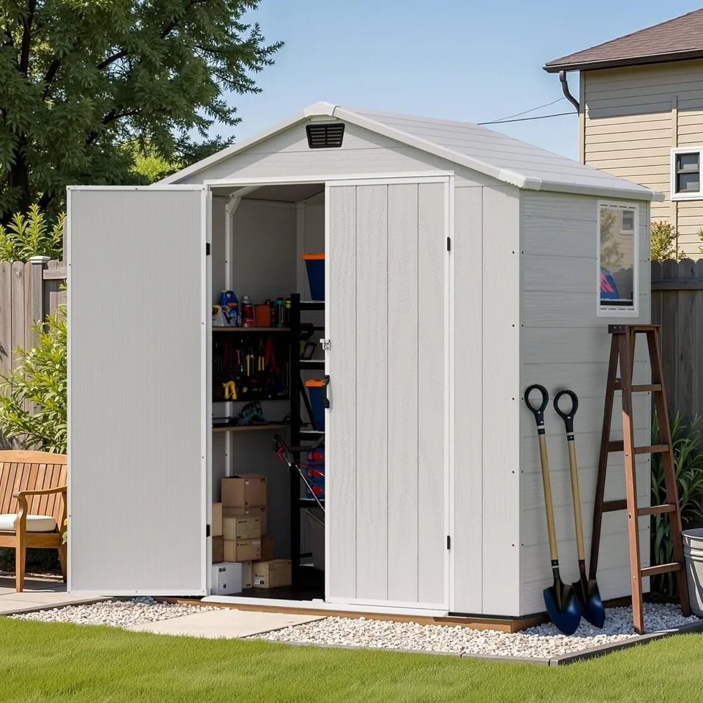 

6 x 4 FT Plastic Outdoor Storage Shed with Floor, Resin Outside Tool Shed with Window and Lockable Door for Garden, Backyard