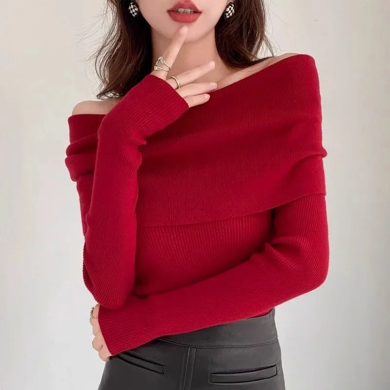 Elegant Lazy Shoulder Bared Knitted Sweater Women's Sexy Base Shirt Wine Red Long Sleeve Princess Sleeve One Shoulder Design