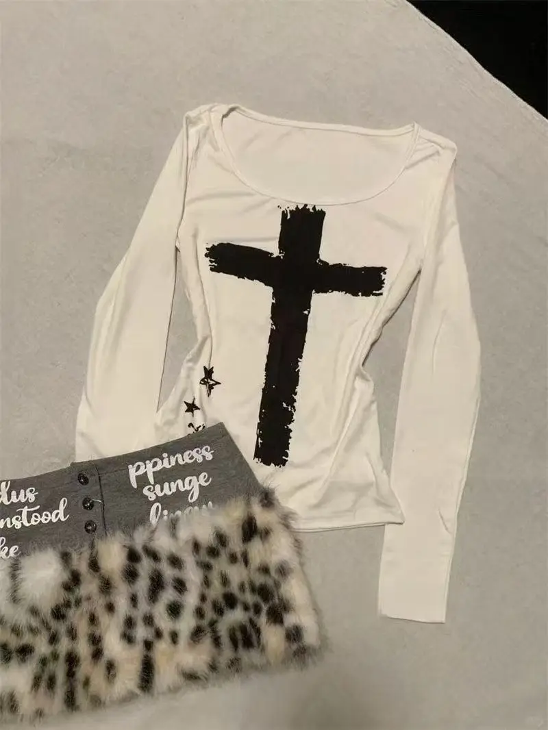 Y2k Slimเสื้อยืดCrossพิมพ์Goth 2 ชิ้นชุดผู้หญิงเซ็กซี่กระโปรงสั้นVINTAGEสาวร้อนO-คอPunkแขนยาวharajuku 90s Tees