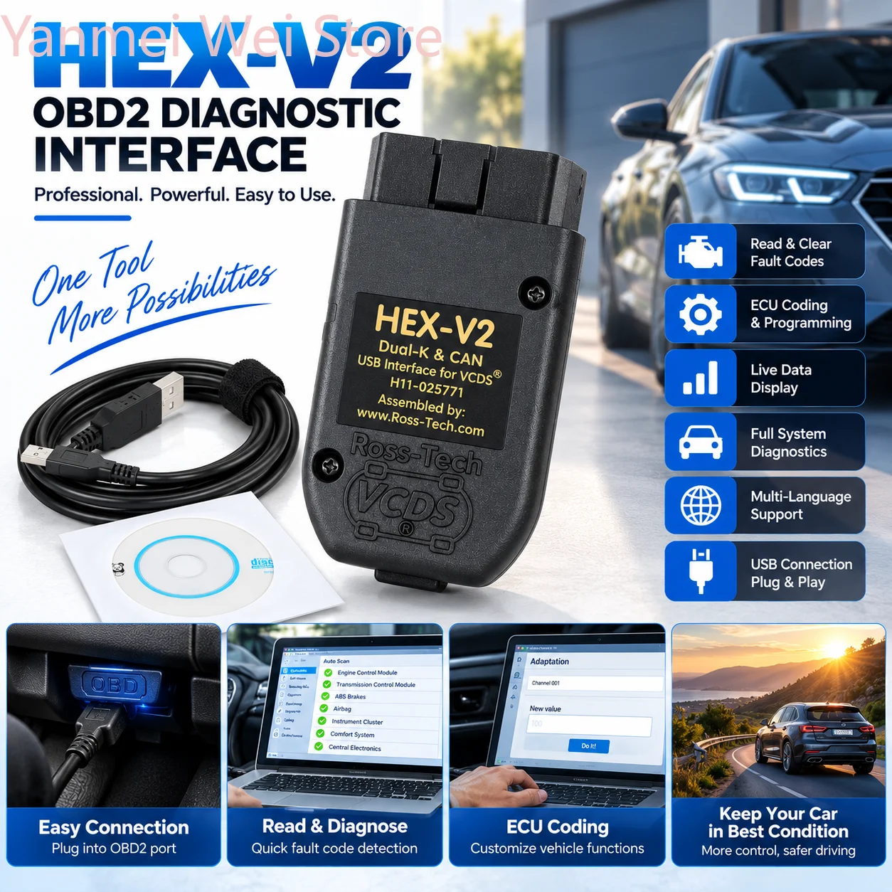 2026 Neues HEX V2 OBD2 Diagnose-Interface USB Auto-Scanner Fehlercode-Leser Fahrzeug-Codierungs-Testwerkzeug Mehrsprachig