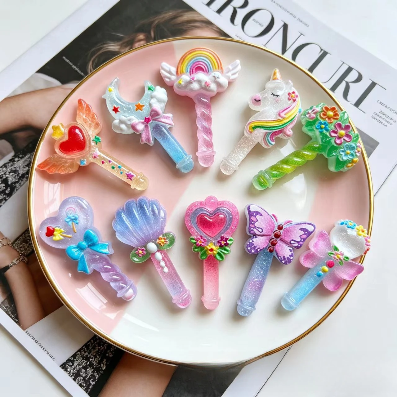 100pcs Kawaii Magic Wwand Resin Flatback Cabochon DIY for Phone Case Hairpin Keychain Earrings Jewelry Scrapbook Decor