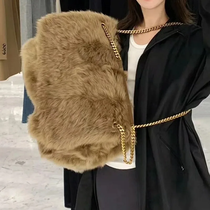 Fashion Large Tote Bag Luxury Faux Fur Women Handbags Chains Design Lady Shoulder Bags Fluffy Soft Plush Shopper Bag Warm Winter