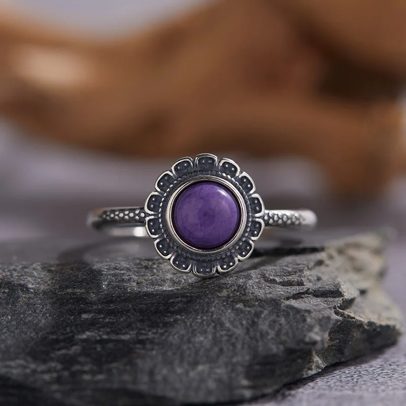New Retro S925 Sterling Silver Ring for Women Natural Agate Color Treasure Flower Thai Silver Ring Fashionable Ethnic Style
