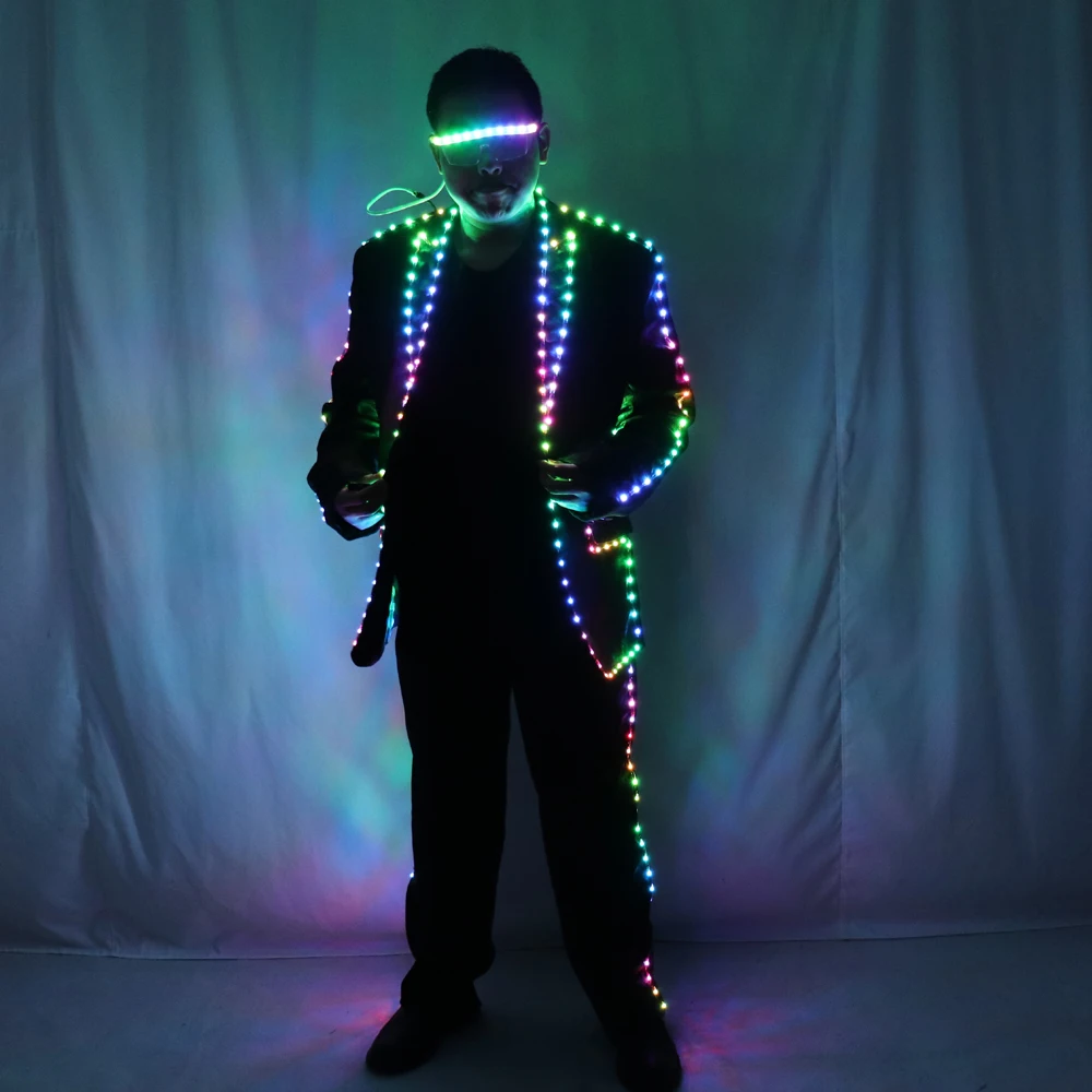 Full Color Pixel LED Lights Jacket Coat Stage Dance Costume RGB Light Up Stage Tron Suit for Men Women Nightclub Party Outfits