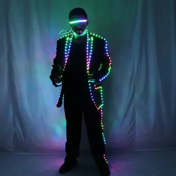 Plně barevná pixelová LED světla, bunda, kabát, pódiový taneční kostým RGB, osvětlovací pódiový oblek Tron pro muže a ženy, noční klub, párty, oblečení 6 nejlepší prodej LED světelné kabáty - №1