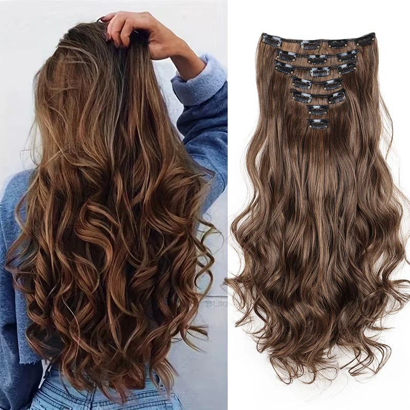 22Inch Synthetic 7pcs/set Long Wavy Curly Clip-in Hair Extension Heat-Resistant Black Brown Fiber Hairpiece for Women