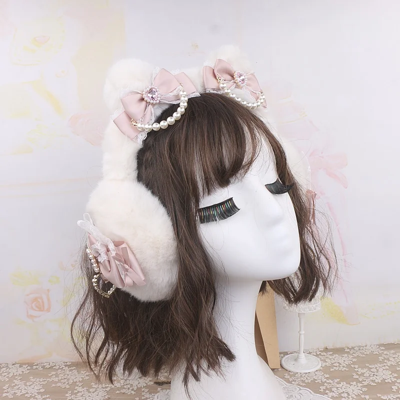 Handmade Original Cute Lace Bow Beaded Ear Muffs Girls Women Fashion Sweet Warm Fluffy Ear Protection New Winter Accessories