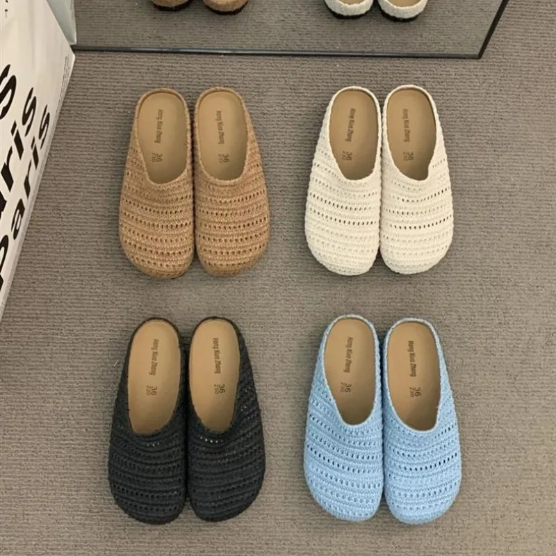 Summer Daily Hollow Knitted Women’s Slippers Breathable Closed Toe Flat Casual Slip-On Shoes for Woman Outdoor Women’s Sandals