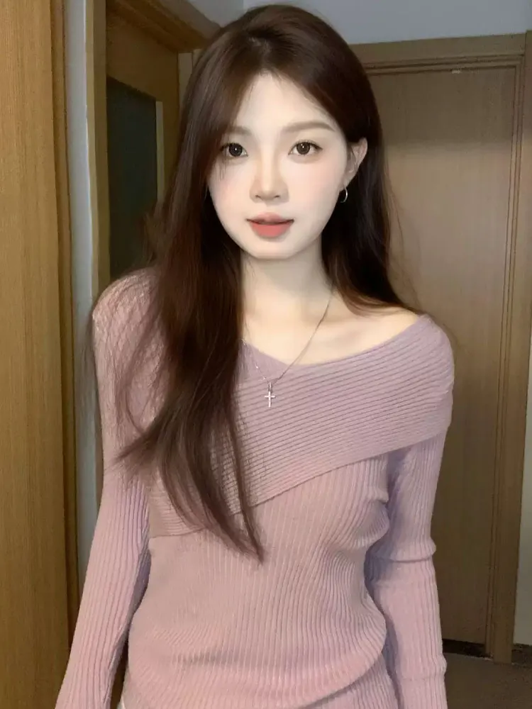 

Ele Purple V-Ne Knitted Sweater Women's Slim Fit Inner Wear Base irt Top French Sle Long Sve Color