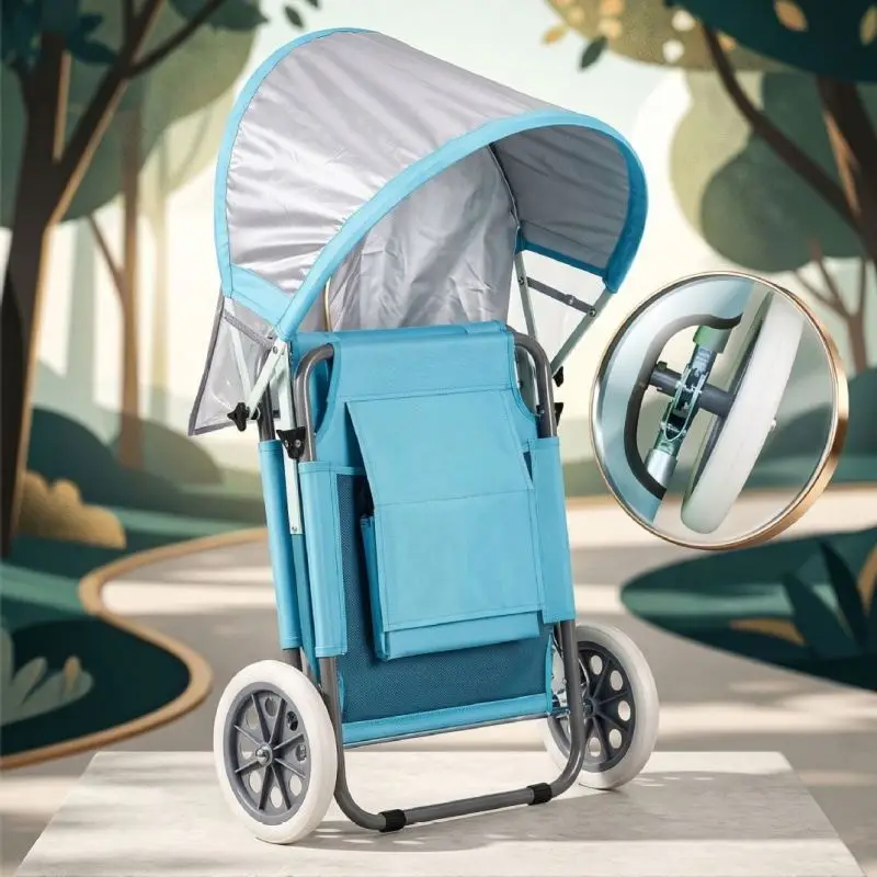 Outdoor Camping 2-in-1 Convertible Folding Beach Lounge Chair Portable Rolling Cart Trolley With Wheels Canopy Sun Shade
