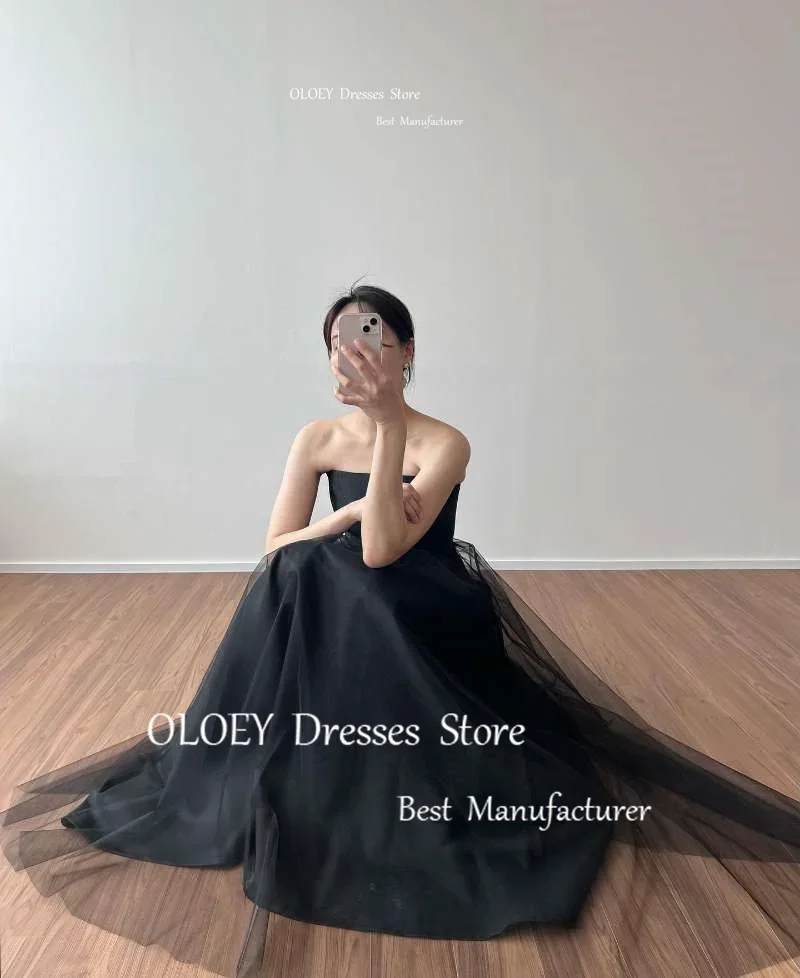 OLOEY Simple A Line Black Evening Dresses Tulle Bolero Korea Photo Shoot Wedding Strapless Formal Occasion Party Dress Corset