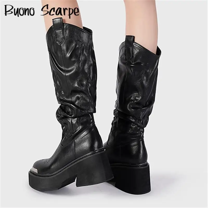 Botas de caballero con plataforma de fondo grueso para mujer, zapatos de media pantorrilla con decoración de Metal, botas de moto informales que combinan con todo