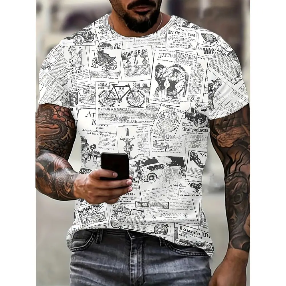 

Retro Men's T-Shirt Newspaper Pattern T-shirts For Men Casual Short Sleeve Tees Quick Drying Oversized Clothing Tops Streetwear