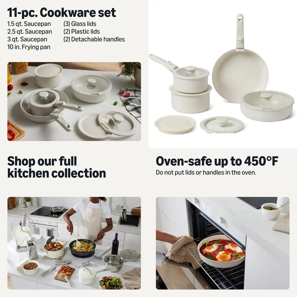 

Штабелируемый набор посуды цвета слоновой кости с керамическим антипригарным покрытием, 11 предметов со съемными ручками для всех варочных панелей