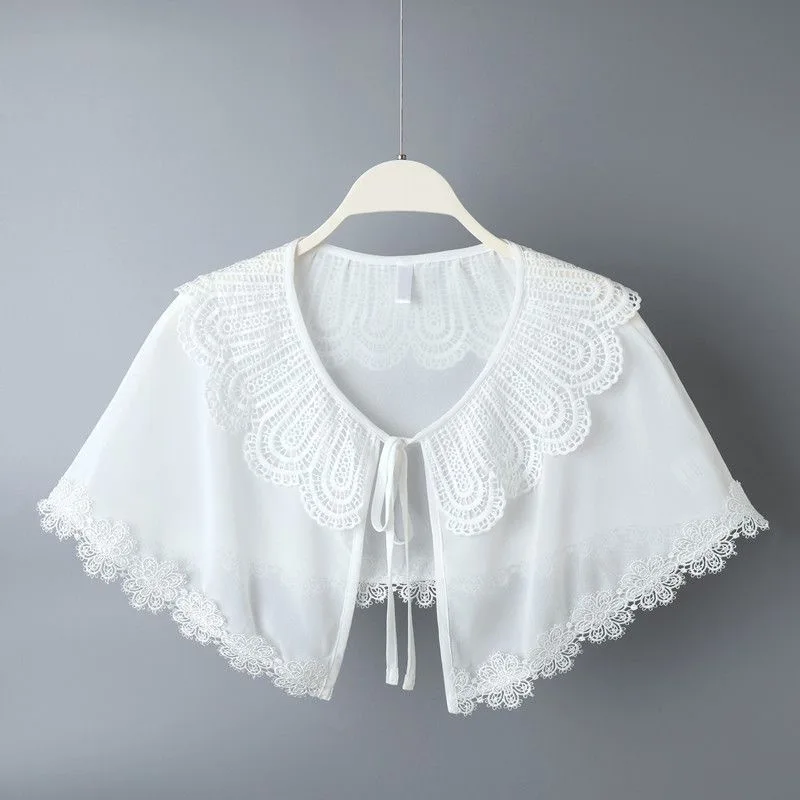 Double‑Layer Embroidered Lace Doll Fake Collar, Literary Versatile Decorative Capelet Outer Shawl for Dresses