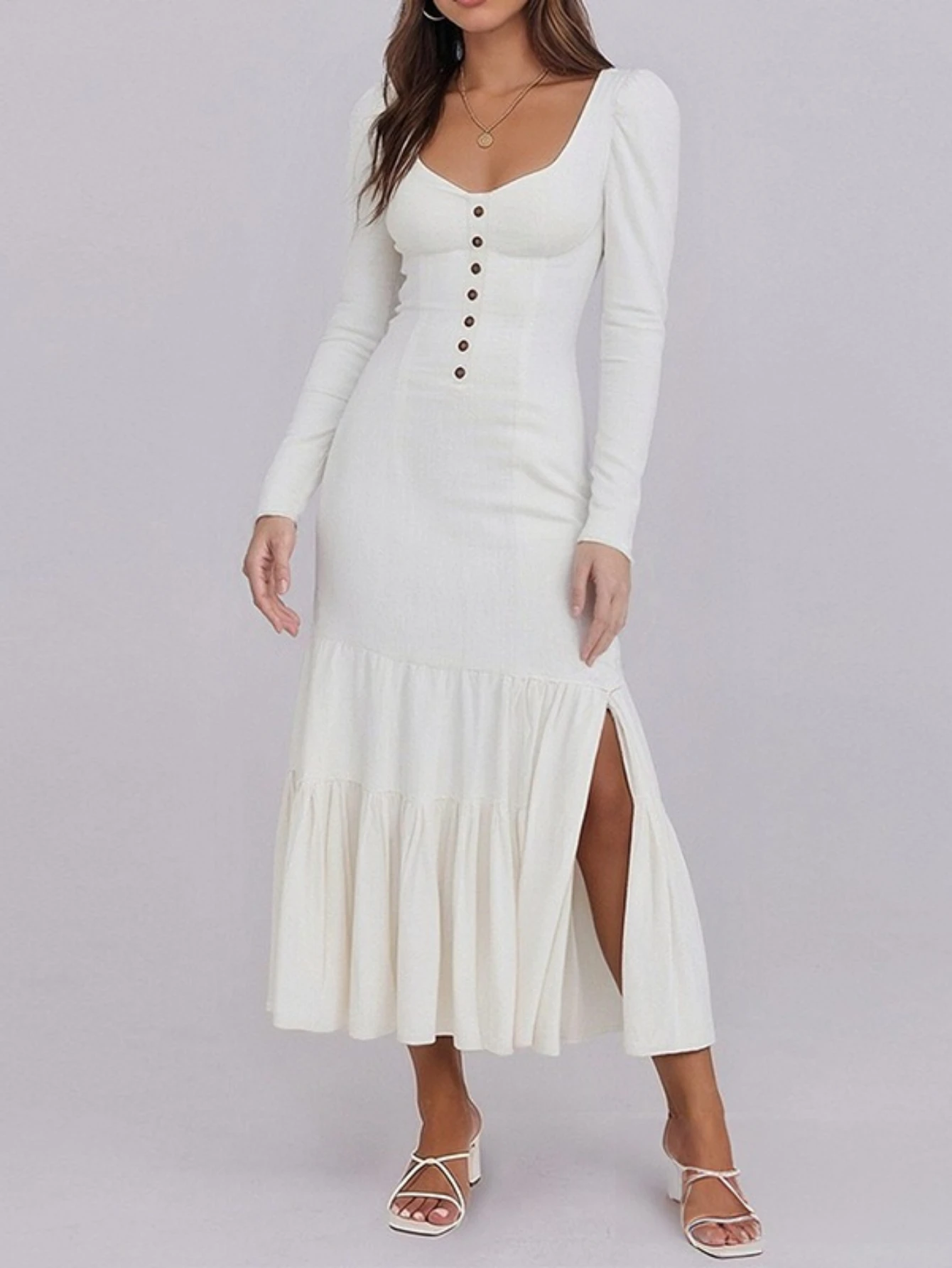 

Cross border new retro western style button pleated long sleeved sexy dress long skirt