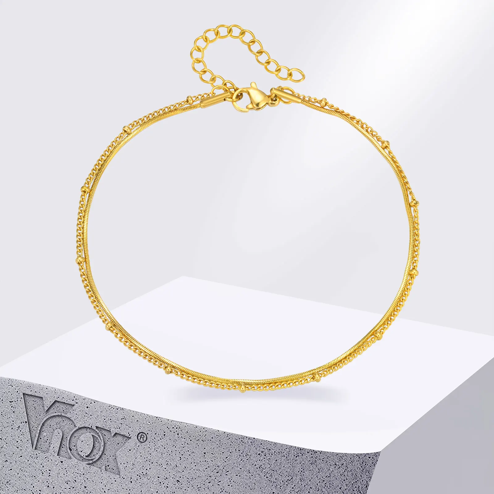 Vnox Layered Snake Chain Anklets Women,Satellite Beads Ankle Chain Bracelet,Gold Plated Minimalist Simple Bracelet on Leg