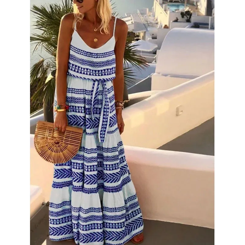 Bohemian Style Print Spaghetti Strap Long Dresses Women V-neck Leace-up Casual Beach Camisole Dress 2024 Summer New Lady Vestido