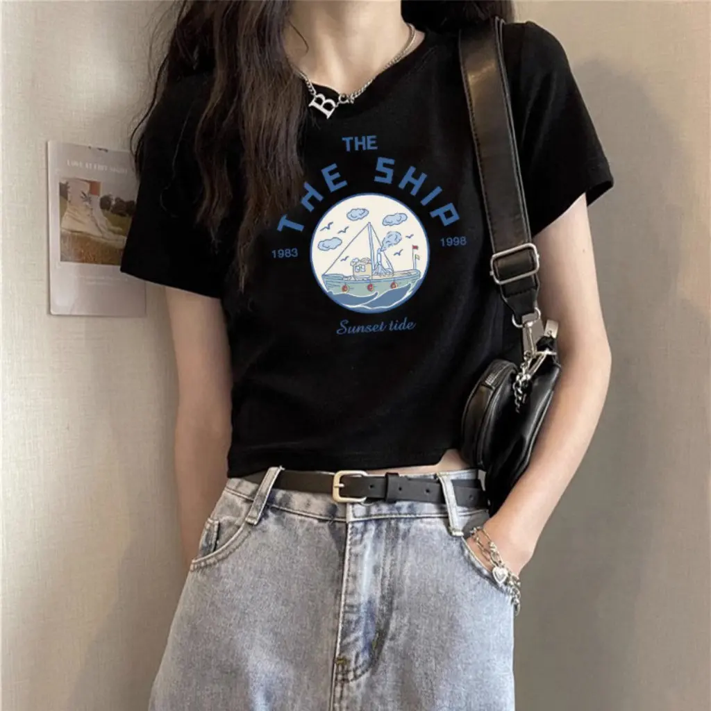 

Pure Cotton White T-Shirt for Women Summer Short Sleeve High Waist Letter Print Top Design Sense Hot Girl Fashion