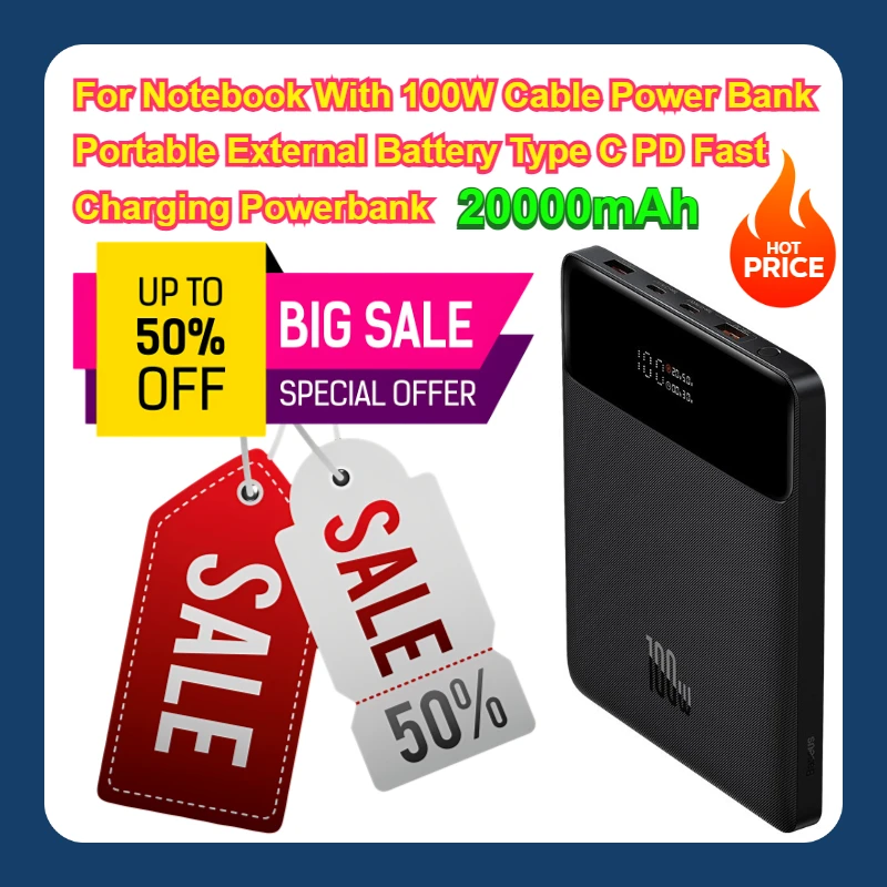 

For Notebook With 100W Cable Power Bank Portable External Battery Type C PD Fast Charging Powerbank Charger 20000mAh