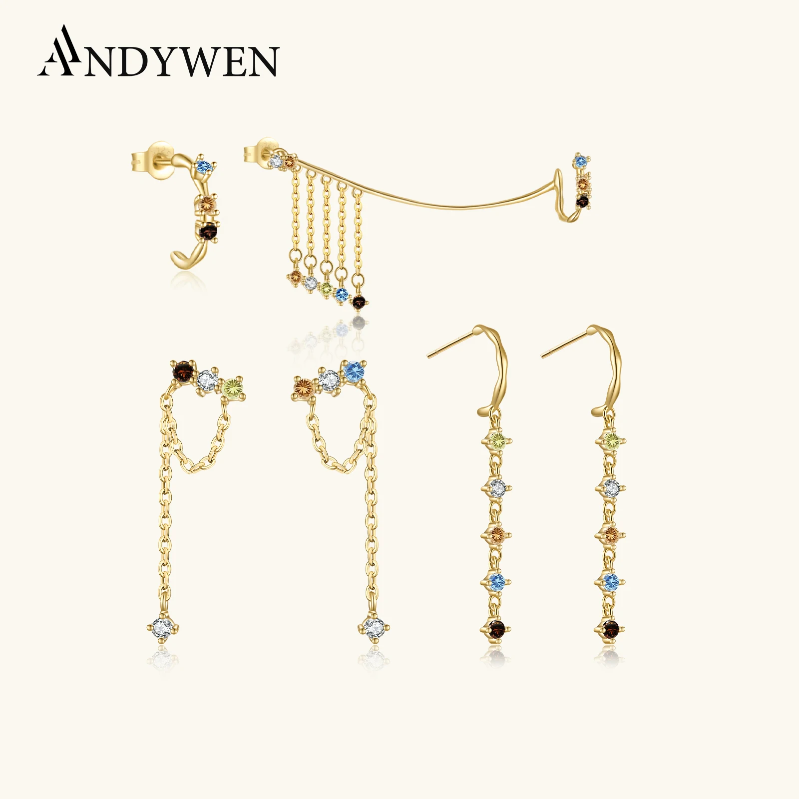 

ANDYWEN 925 Sterling Silver Long Chain Drop Earring Sage Chain Pendienete Rainbow CZ Luxury Crystal Rock Punk Fine Jewelry