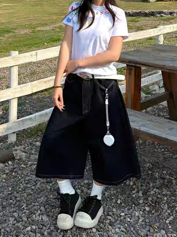 PBAP Y2k قوس قزح رسالة المرأة فضفاض الجينز الجورت الأسود غسل أوفست طباعة منخفضة الارتفاع عادية واسعة الساق الدنيم السراويل خمر الشارع الشهير