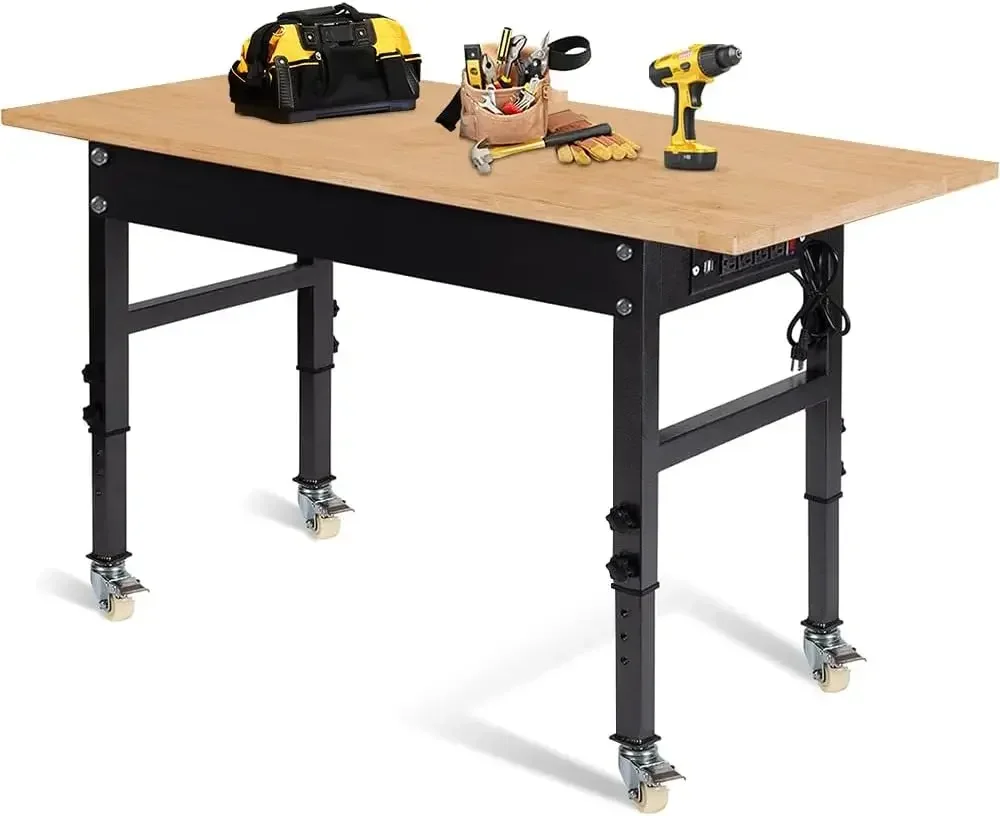 

60" Adjustable Work Bench, Rubber Wood Top Heavy-Duty Workbench with Power Outlet with Wheels