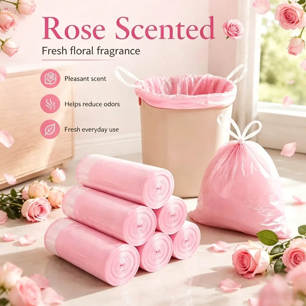 8 Rolls/400PCS Rose Scented Pink Drawstring Trash Bags 4-5 Gallon Leak-Resistant Small Garbage Bags for Bathroom Bedroom Office Kitchen Dorm Room & Apartment Essentials