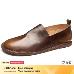 Genuine Cow Leather Mens Loafers Fashion Handmade Moccasins Soft Leather Brown  On Men's Boat Shoe PLUS SIZE 38~45