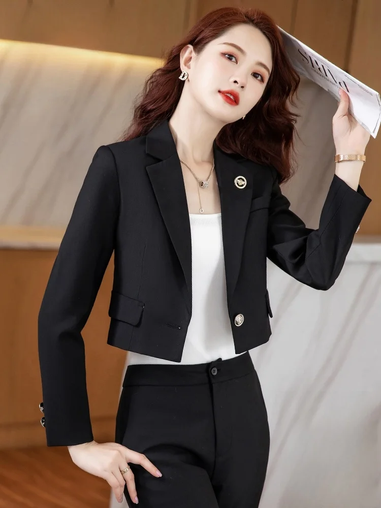 

Black Short Casual Women's Jacket Set 2023 Autumn New Style High Quality Fashionable Button Detail Polyester Fabric