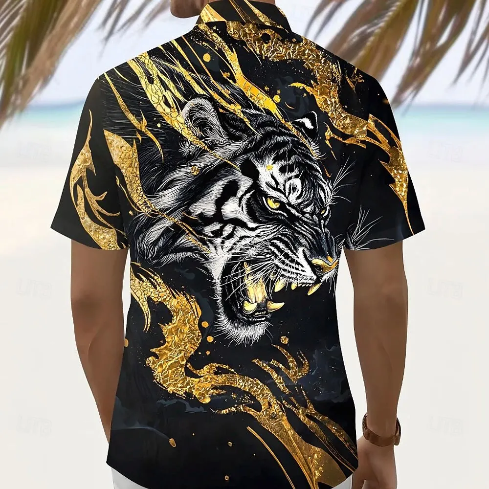 

Men's Roaring Animal Tiger Shirt Summer Shirt Button Up Shirt Short Sleeve Dark Outdoor Vacation Dailywear Summer