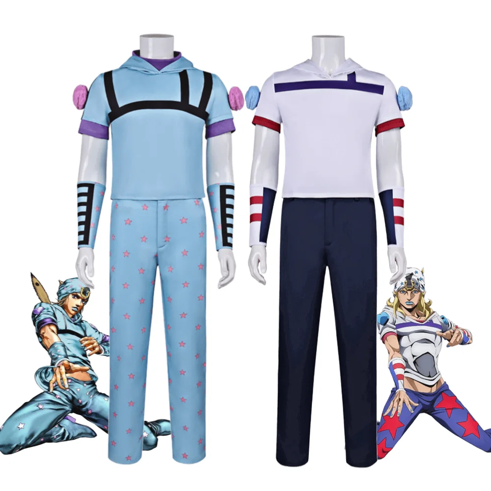 

JoJo's Bizarre Adventure Steel Ball Run Johnny Joestar Cosplay Costume SBR Part 7 Blue White Star Outfit Full Set for Men