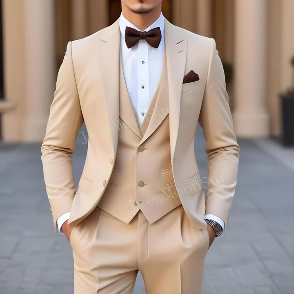 

New Male Suit 2025 Peak Lapel Champagne Mens Wedding Suit Slim Fit Two Button Business 3 Pieces Blazer Vest Pants Costume Homme