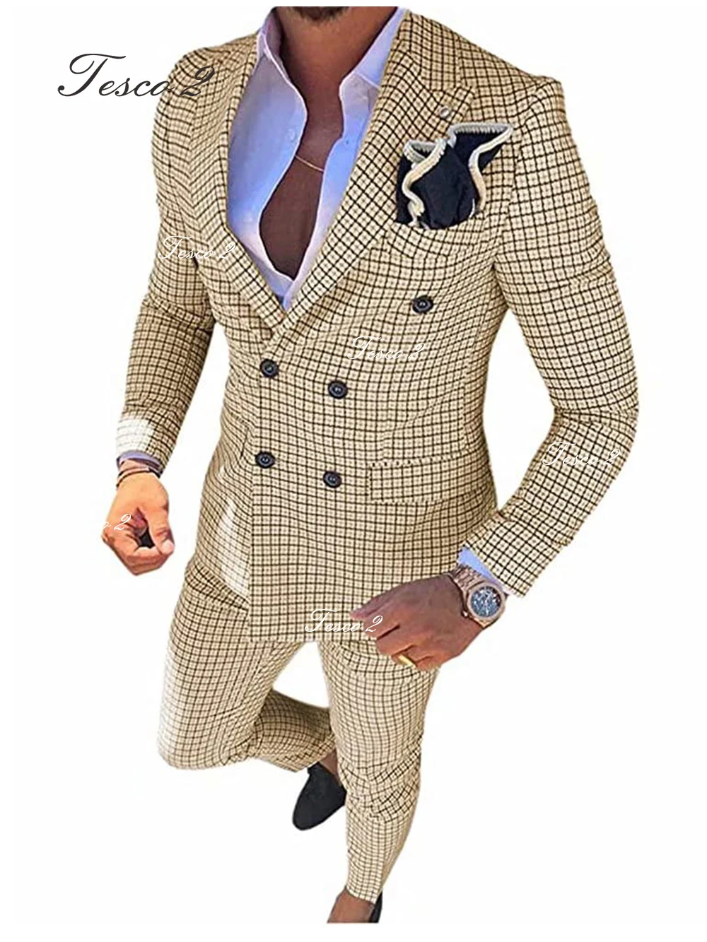 

New Suit For Men Checked Fabric Peak Lapel Slim Fit Pants Set Men Suit For Spring Autumn Men Suit Set Wedding Luxury