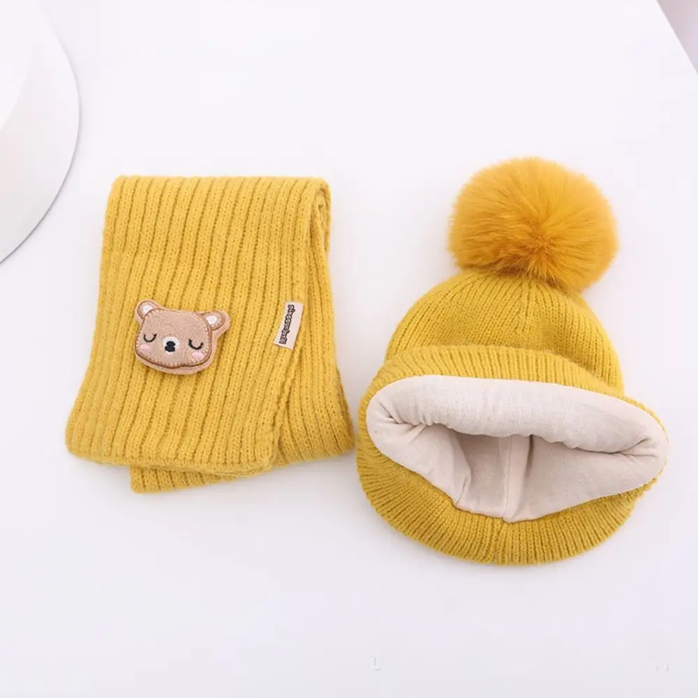 Autumn Bear Baby Hat Scarf Set Neck Scarf Solid Color Kids Crochet Hat Korean Style Children\'s Ear Protection Hat Girls