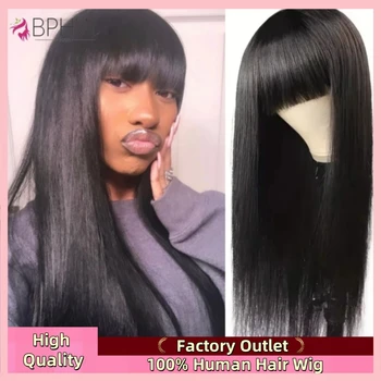 Straight Wig With Bangs 100% Human Hair Wig Without Glue Brazil Full Machine Made Fringe Remy Hair 30 Inch 100% Human Hair Bang