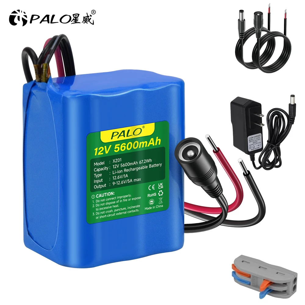 12V Rechargeable Lithium Battery 5600mAh with Charger Bare Leads Wire for 12V Devices RC Car, LED Strip, DIY Project, CCTV Camer