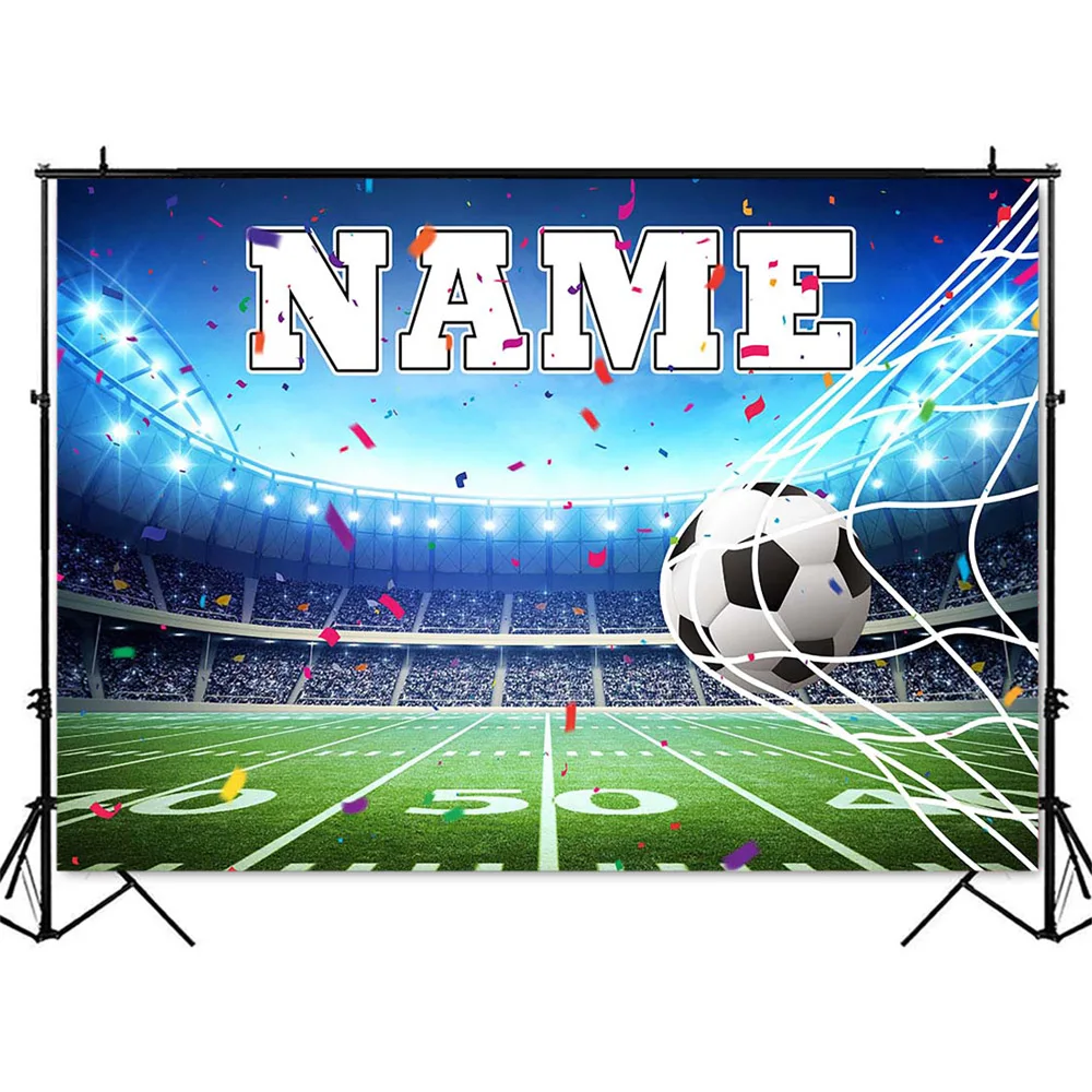 Customize Name Background DIY Boy Birthday Football Soccer Field Sports Backdrop for Personalize Birthday Decoration Banner