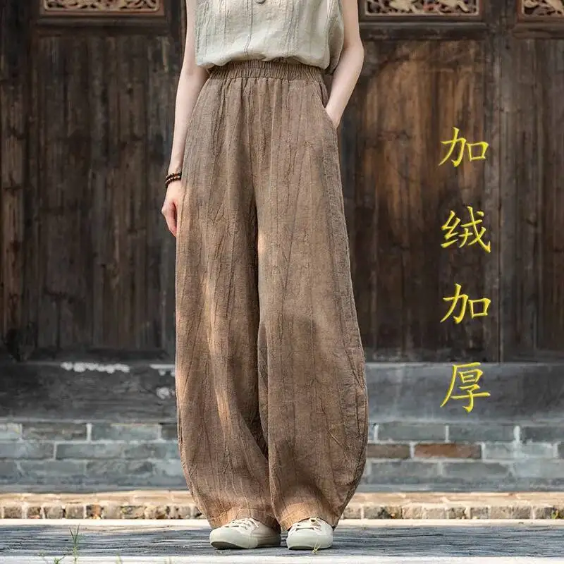 UMI MAO ผ้าป่านย้อมผูกย้อมสวมใส่กางเกงลำลองฤดูใบไม้ผลิฤดูใบไม้ร่วงใหม่กางเกงลำลองผู้หญิงผ้าฝ้ายโคมไฟเฟมม์ Y2K แฟชั่นกางเกง