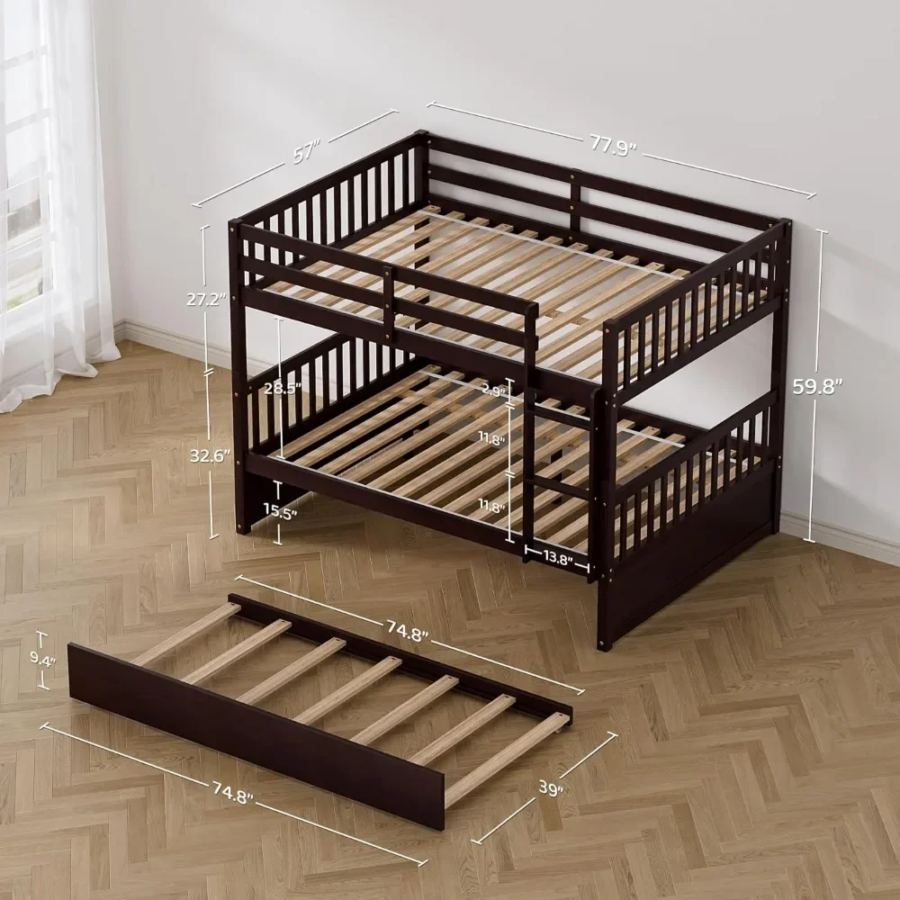 Full Bunk Bed,Convertible To 2 Fulls Size Platform Beds,with Ladder and Safety Rails for Teens, Adults, Brown,Full Size Bunk Bed