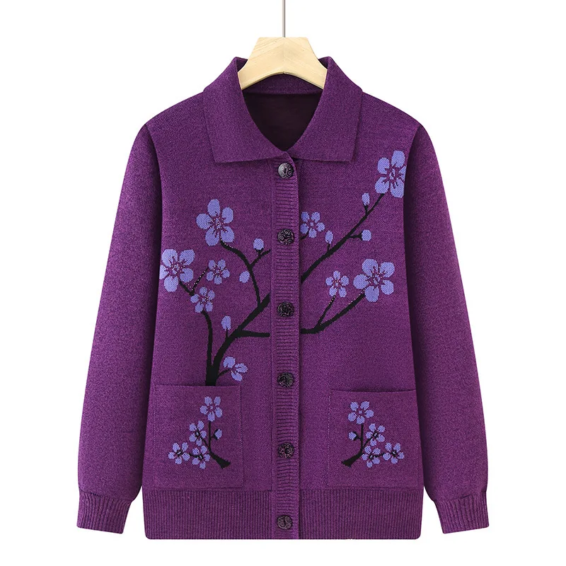 

Korean Women's Clothes New Knit Woolen Printed Cardigan Coat Middle Aged Mother Knitwear Tops Vintage Grandma Sweater Jacket